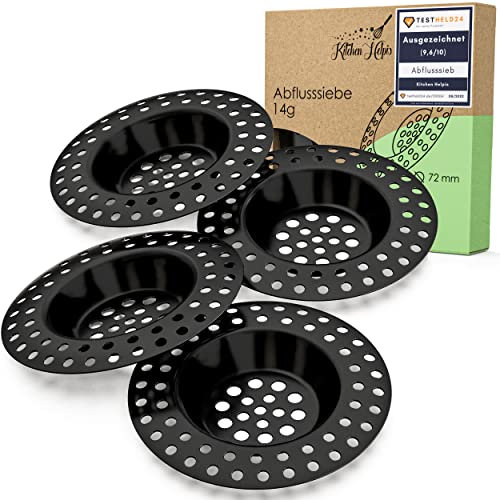 Kitchen Helpis® 4X Abflusssieb schwarz für ALLE ABFLÜSSE geeignet, extra schwer -14g-, kein Hochschwemmen, aus rostfreiem SS304 Edelstahl, schnell ablaufend, Sieb für Spülbecken oder Haarsieb