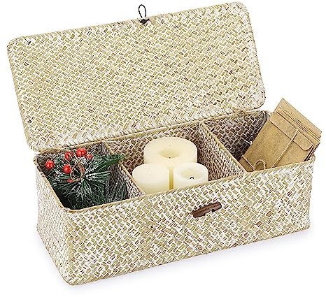IGNPION 3 Compartments Seagrass Storage Basket with Lid for Bathroom, Toilet Tank Top Organizer Box - Rectangular Woven Desktop Decorative Container in Whitewash