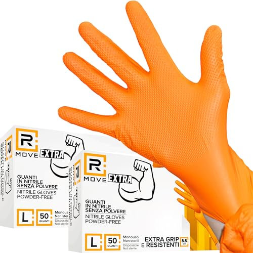 R MOVE 50+50 Guanti in nitrile Diamond 8,5 gr. +140% di SPESSORE rispetto al 3,5 gr Guanti antiscivolo, Grip su tutto il palmo per una perfetta presa, Guanti da lavoro antiscivolo (L (9), Arancione)
