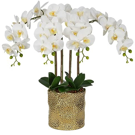 W&W Artificial Orchid Plants & Flowers Arrangement in Ceramic Pot, Fake Faux White Orchid with Gold Vase,Extral Large 26 inches