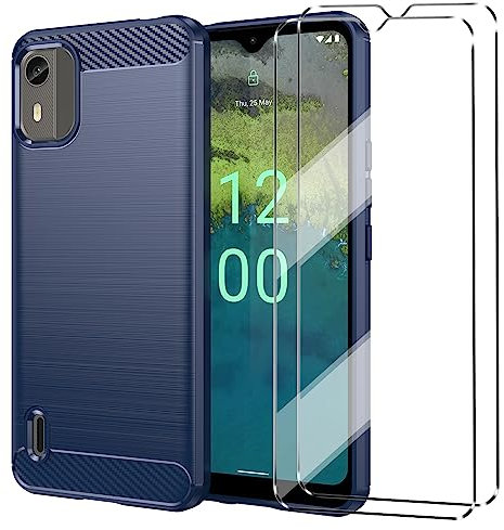 [3 in 1] Case Compatible with Nokia C12/ C12 Plus Cover with 2 Pack Tempered Glass Screen Protector for Nokia C12/ C12 Plus, Slim Fit Soft TPU Shockproof Anti-Scratch Phone Case Cover - Navy