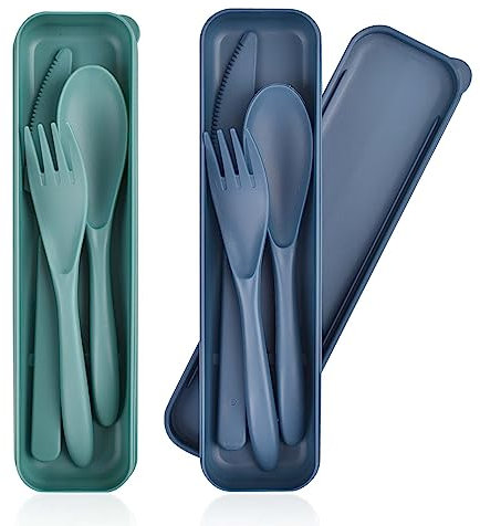 CUNTAUK Ensemble de couverts de voyage avec étui, ensemble de couverts portables réutilisables en plastique, fourchettes, cuillères, couverts de camping pour voyage, pique-nique, extérieur, bureau,