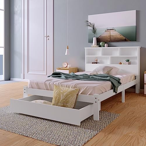 Daesar Stauraumbett mit Regal, Einzelbett 90x200 mit Schubladen und Lattenrost, Modern Funktionsbett Hausbett Weiß für Mädchen Jugendliche