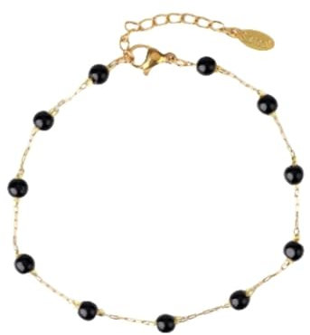 Bracelet Femme Pierre Naturelle, Bracelet En Pierre D'Obsidienne Noire Naturelle Cristal Perlé Couleur Or Bracelet Fin Réglable Yoga Chakra Pierres Précieuses Bracelet Bracelet Bracelets Extensib