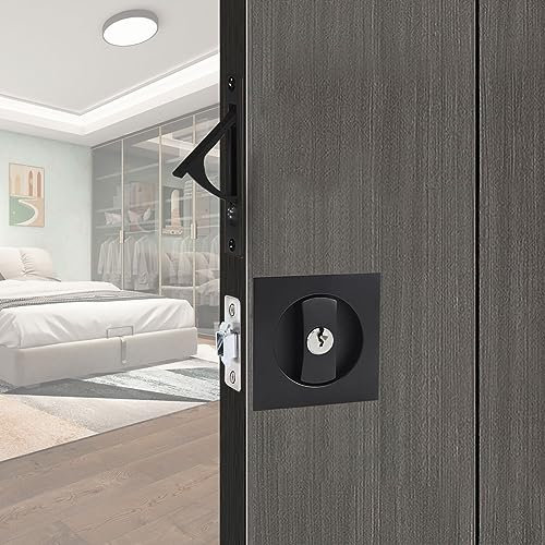 betensh Serrure de porte coulissante Carré poignée avec serrure porte coulissante 66mm Noir Poignée de porte invisible Poignées de porte de poche avec serrure et clé