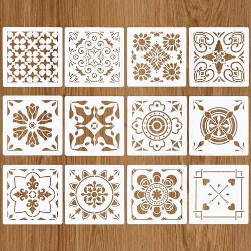 12 Stück Schablonen Textilgestaltung, Schablonen Kinder, Schablonen Wandgestaltung, Journaling ZubehöR, Mandala Schablone, Schablonen Malen, Schablonen Vintage, Kunststoff Schablone (10 X 10cm)