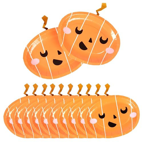 Sparkles Partyware Halloween Plates Pumpkin - Pack of 50 Orange Pumpkin Plates with Cute Face Design - Fun Halloween Party Table Decoration
