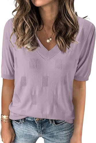 TrendiMax Damen T-Shirt V Ausschnitt Kurzarm Strick Shirt Dünne Pullover Sommer Frühling Strickpullover Casual Oberteile Bluse Tops (M, Frisch Lila)