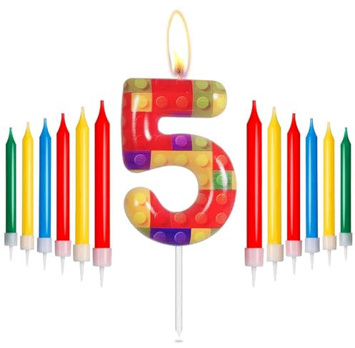 mciskin Bausteine-Geburtstagskerzen, rote, gelbe, grüne, Blaue Zahl 5-Kerzen für Kuchen, Pixel-Partykerzen, Bausteine-Motto-Geburtstagskuchenkerzen für Jungen und Mädchen, 5. Geburtstag, Dekoration