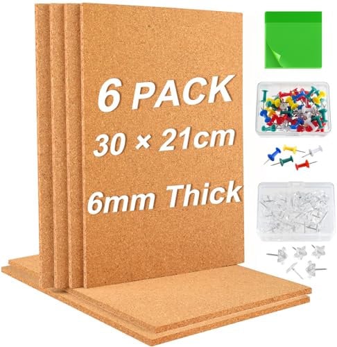 PLULON 6 Pack Cork Boards for Wall 30×21cm Self Adhesive Cork Mat, 6mm Thick Rectangle Cork Board Tiles with 100 Push Pins 50Pcs Sticky Notes for DIY Crafts Wall Decoration, A9036PLBGB, Brown