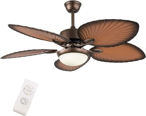 WgGUIF 52 Tropical Ceiling Fan with Lights & Remote Control Reversible Leaf Palm Leaf Ceiling Fan Palm Leaf Ceiling Fan Living Room Bedroom with 5 Glass Lamps (Pull (Color : Brown)