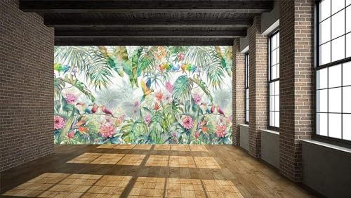 Naturempress Papier Peint Panoramique Feuille De Bananier Colorée Perroquet De La Jungle Papier Peint Intissé Tapisserie Poster Mural pour Salon Chambre Décoration Murale