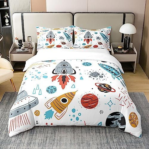 Loussiesd Weltraum Rakete 100% Baumwolle Bettwäsche Set 135x200cm Universum Planet Betten Set für Kinder Weltraum Abenteuer Bettbezug Set Raumschiff Bettwäsche Raum Dekor mit 1 Kissenbezug
