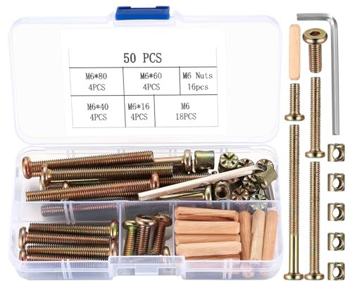 XhjzgcTech Kit de Repuesto de Tornillos para Cuna - 52 Piezas para Cama de Bebé, Pernos, Tuercas de Barril y Tacos de Madera - Tornillos de Cabeza Hexagonal