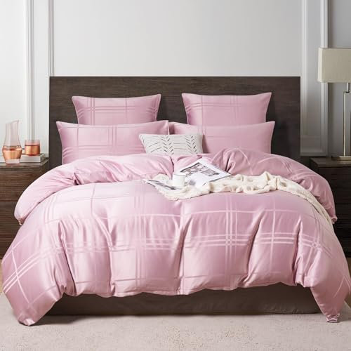 YASMENG Satin Bettwäsche 155x220 Rosa Kariert Jacquard Bettwäsche Satin Glänzend Luxus Bettbezug Set Weich Seidig Seide Bettwäsche 3 Teilig mit Reißverschluss und 2 Kissenbezüge 80x80 cm