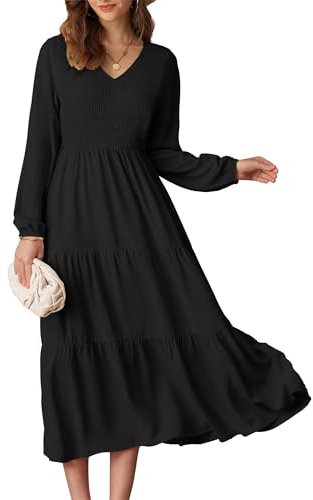 GRACE KARIN Fall Dresses for Women - Casual V-Neck Long Sleeve Pleated Maxi Dress - Chiffon Material - Black - XXL