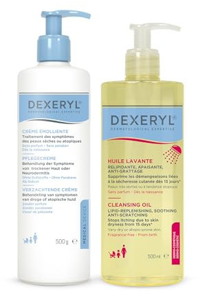 DEXERYL Reinigungsöl (500 ml) + Creme (500 g): Sanfte Reinigung und feuchtigkeitsspendende Pflege für trockene Haut wie Neurodermitis, für Körper und Gesicht