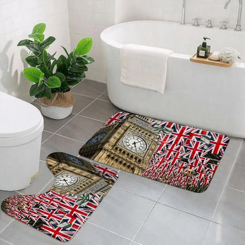 AELKSP 2 Piece Non Slip Bathroom Rugs Set,Luxury Thick Microfiber Shaggy Bath Mat Sets,Union jack flags and Big Ben,Machine Washable Bathroom Mats Carpet