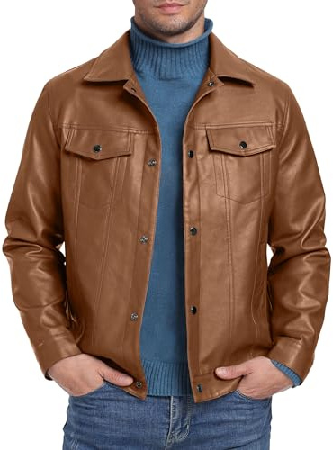Sailwind Herren Leather Jacket Reverskragen Motorradjacke Druckknopf Kunstlederjacke Bomberjacken Mantel (Hellbraun, L)