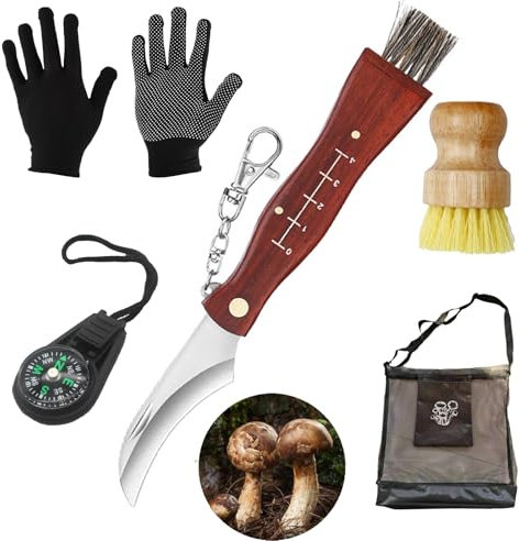 LIMEOW 1 Set de 5pcs Cadeau Chasseur Couteaux Pliants Couteau Champignon Panier Champignon Sac Champignon Brosse Champignon Couteau Champignons Set pour la Cueillette des Champignons Dans le Champ