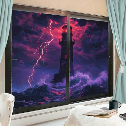 Rustikale Fensterfolie, Vintage-Leuchtturm, mattiert, Naturwellen, stürmischer Ozean, Sichtschutz, nicht klebende Glasfolie, dekorativ, statisch haftend, für Zuhause, Badezimmer, 45 x 60 cm x 2 Stück