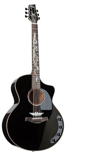 Fame Grand Auditorium Westerngitarre, Cutaway, massive Fichtendecke, Dragon Inlay, Custom Tonabnehmersystem, Hochglanz Schwarz, inkl. Gigbag, 6 Saiten, ideal für Einsteiger und Fortgeschrittene