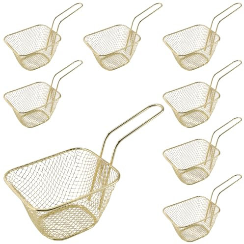 FUNSUEI Lot de 8 petits paniers à frites dorés en métal avec poignée, mini panier friteuse pour servir