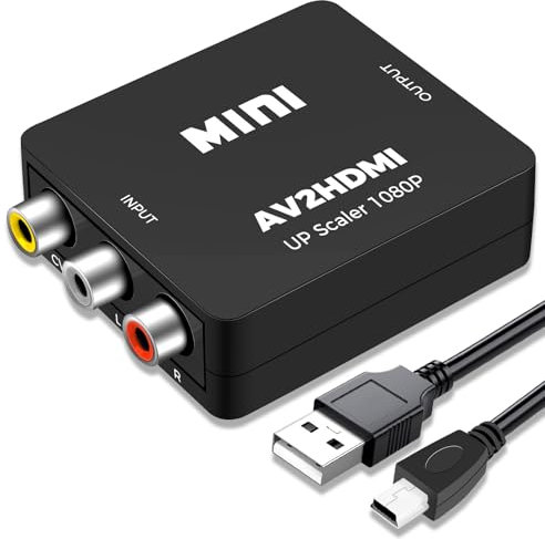 Jewan Convertidor RCA a HDMI, Adaptador AV a HDMI, 1080P RCA Compuesto CVBS Video Convertidor de Audio con Cable de Alimentación USB para PS2/SNES/VHS/Xbox/PS4/TV/VCR/DVD/Wii/Soporta PAL/NTSC