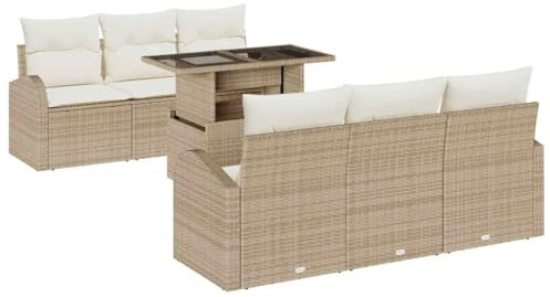vidaXL 7-teiliges Garten-Sofa-Set mit Kissen in Beige aus Poly-Rattan – Modulares Lounge-Möbel für entspannte Stunden auf Balkon und Terrasse.