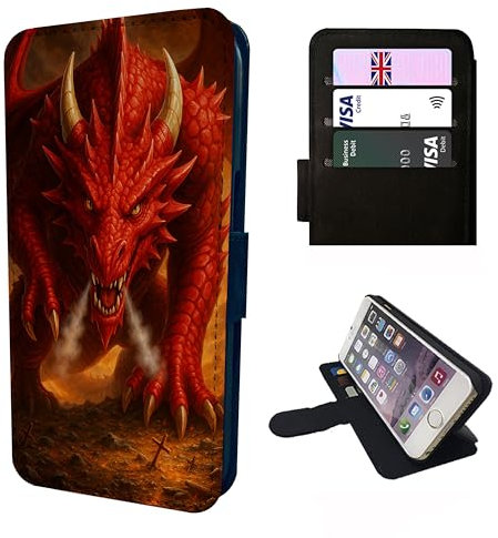 Red Dragon Wallet Phone Case Flip Cover Compatible with iPhone SE 7 8 X XR 11 12 13 14 15 16 16E Plus Mini Pro Max – Mystical Dragon, Faux Leather Fantasy Case with Card Slots, Shockproof Covers