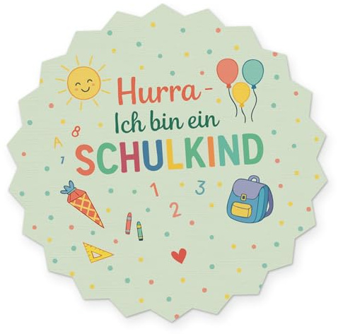 itenga 10x Sticker Einschulung Schulanfang Aufkleber Endlich Schulkind Tafel rund Gastgeschenk Geschenkverpackung (Hurra ich bin ein Schulkind)