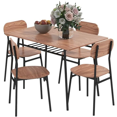 HOMCOM Essgruppe Platzsparende Sitzgruppe mit Esstisch, 4 Stühlen Teak