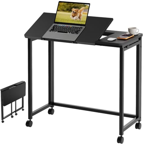 GreenForest - small folding desk with wheels, 80 cm, table | With Tilt Gas Spring Lock, Rolling Casters, Black Folding Drawing Table, Small Spaces, Home Office