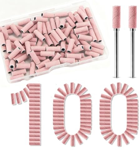 Små slipband band för delar nagelfräs, 3,1 mm 100 st mini 240 grit nagelfil slipband med 2 st mandrel bit, passar 99% nagelborrbitar, för akryl nagelgel borttagning, manikyr, rosa