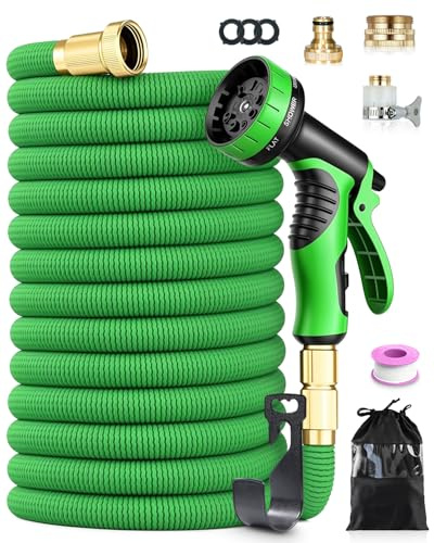 150FT Expandable Garden Hose, 45M Expandable Water Hose for Gardening with 10-Pattern Spray Nozzle, Leak-Proof Flexible Hose Pipe, Kink-Free, 4-Layer Latex Core, 1/2 3/4 Universal Fittings, Green