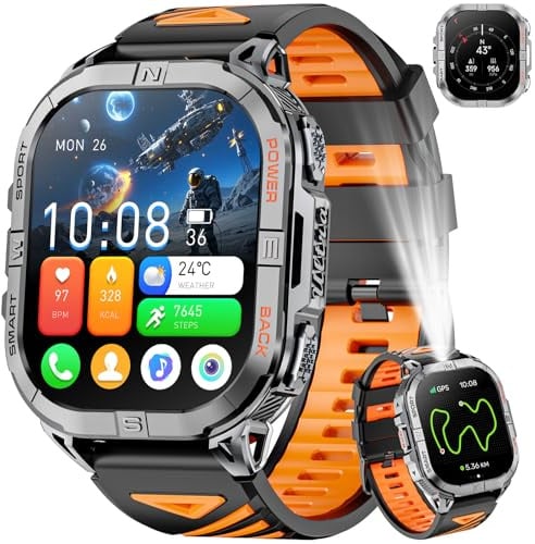 Joautrial GPS Montre Connectée Homme, 2,13 AMOLED Militaire Smartwatch avec Torche LED/Boussole/100+ Modes Sportifs/580mAh Batterie/Surveillance Santé/Appels Bluetooth pour Android iOS (Noir)
