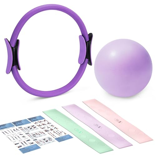 flintronic 6 Teiliges Pilates Set, 15 in/ 38 cm Pilates Ring Zubehör mit Yoga Ball Resistance Bands (15, 25, 35 lbs), Matten-Pilates-Ausrüstung für zu Hause, Home Pilates Essential Kit für Frauen