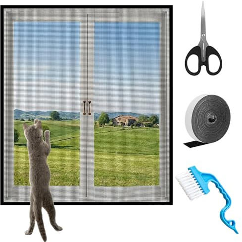 Self-Adhesive Cat Window Guard Screen 100x150cm, Thickened Window Fly Screen, Reinforced Mesh with Brush/Scissors/Hook-and-Loop Tapes