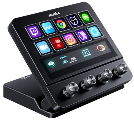 SOOMFON Stream Controller Plus, 10 Makrotasten 4 Drehknöpfen & Touchscreen | Stream Controller Studio Control Deck 2× USB-A/USB-C, kompatibel mit OBS Twitch YouTube PS Word Excel Teams ETS, Mac/Win