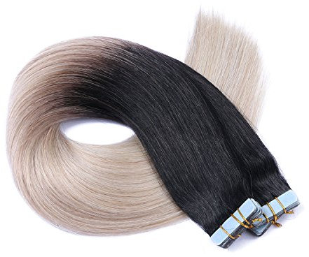 Tape In - On Hair Extensions - # 1B/GREY OMBRE - 60cm - 10 Tressen je 4cm Breit / 2,5g - 100% Remy Echthaar Haarverlängerung/Extention mit Klebeband Tressen by NOVON Hair Extentions
