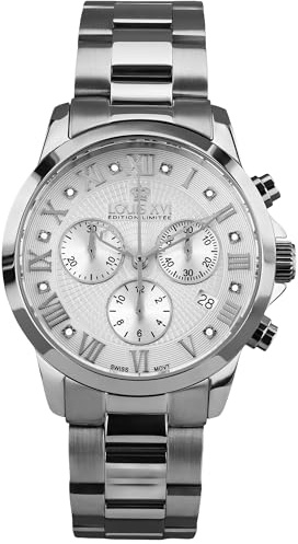 LOUIS XVI Damen-Armbanduhr Athos Pour Femme Stahlband Silber Weiss echte Diamanten Chronograph Analog Quarz Edelstahl 516