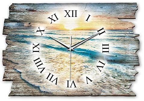 Kreative Feder Designer Wanduhr aus Holz Größe 40x27cm - Quarzuhr im Landhaus-Stil Shabby-Style Made in Germany leise ohne Ticken (Sonnenuntergang am Meer, leises Quarzuhrwerk)