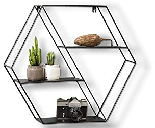 LIFA LIVING Hexagon Wandregal aus Metall mit 4 Böden, Schwarzes Schweberegal im Industrie Design, Sechseckiges Hängeregal als Wanddeko, 58 x 51 x 11 cm