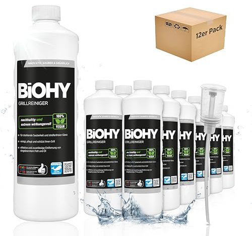 BiOHY Grillreiniger (12 x 1 Liter) + Dosierer | Reiniger für Holzkohle-, Gas- und Elektrogrill | Hocheffektiv gegen angebranntes Fett und Öl | Pflegt und schont das Material | Veganes Bio Konzentrat