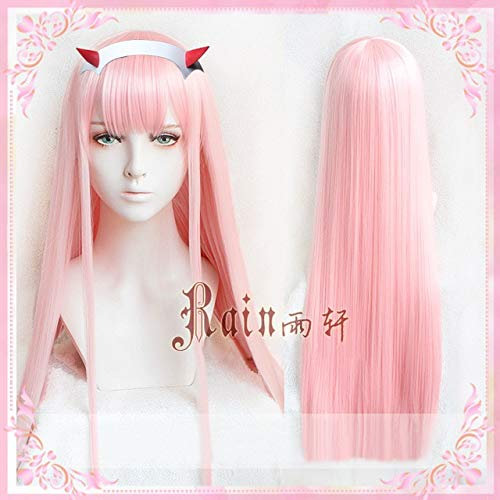 Hochwertiges DARLING in den FRANXX Perücken 02 Zero Two Perücke 100 cm langes rosa synthetisches Haar Cosplay Anime Perücke + Horn Haarband Perücke und Haarnadel
