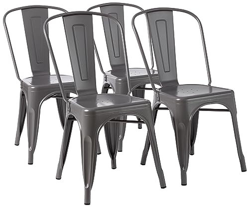 Amazon Basics Paquete de 4 sillas de comedor de metal apilables con respaldo para bistró, cocina, interior y exterior, Gris Oscuro, 51 x 43 x 85 cm