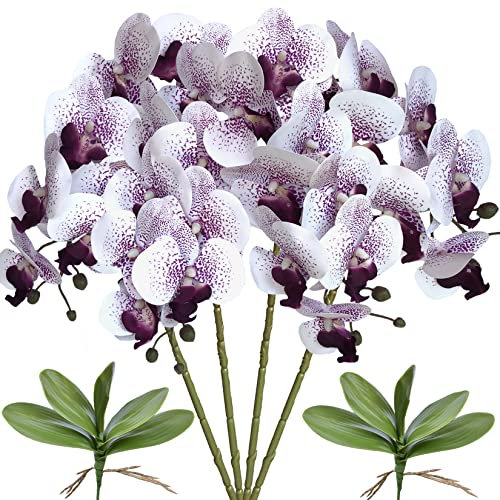 FagusHome Künstliche Orchidee, 81,3 cm, violetter Kern, 4 Stück mit 2 Bündeln Blättern, künstliche Schmetterling-Phalaenopsis-Blumen für Heimdekoration