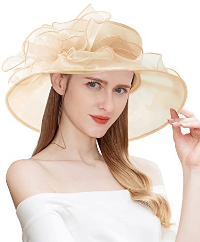 ELLYDOOR Derby-Fascinator-Hut für Damen, Organza, Kirche, Hochzeit, breite Krempe, Cocktail-/Teeparty-Hut, 14 Beige, Einheitsgröße