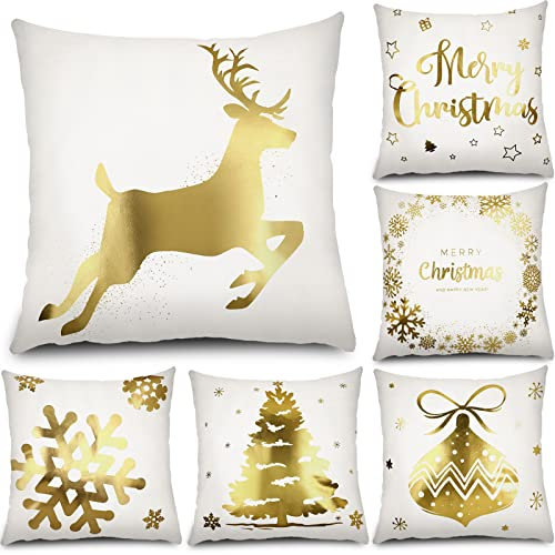 Tatuo 6 Stück Weihnachten Gold Weiß Dekokissenbezüge 45 x 45 cm Weihnachten Zierkissenbezüge Gold Weich Kurz Schneeflocken Rentier Dekorative Weihnachtsschmuck Kissenbezug für Bett Sofa Couch