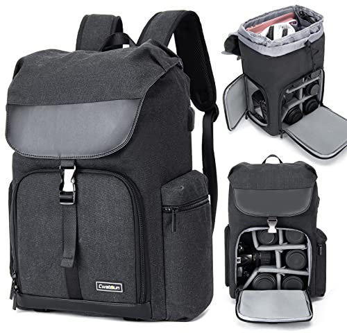 Cwatcun zaino fotocamera borsa in tela per reflex mirrorless Canon Nikon Sony Pentax obiettivo impermeabile fotocamera reflex con 15.6'' scomparto per computer portatile e cinghia treppiede,Nero